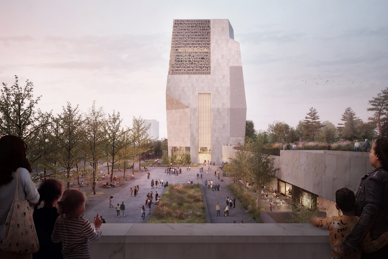 rendering of the Obama Presidential Center showing the Center's central tower building.