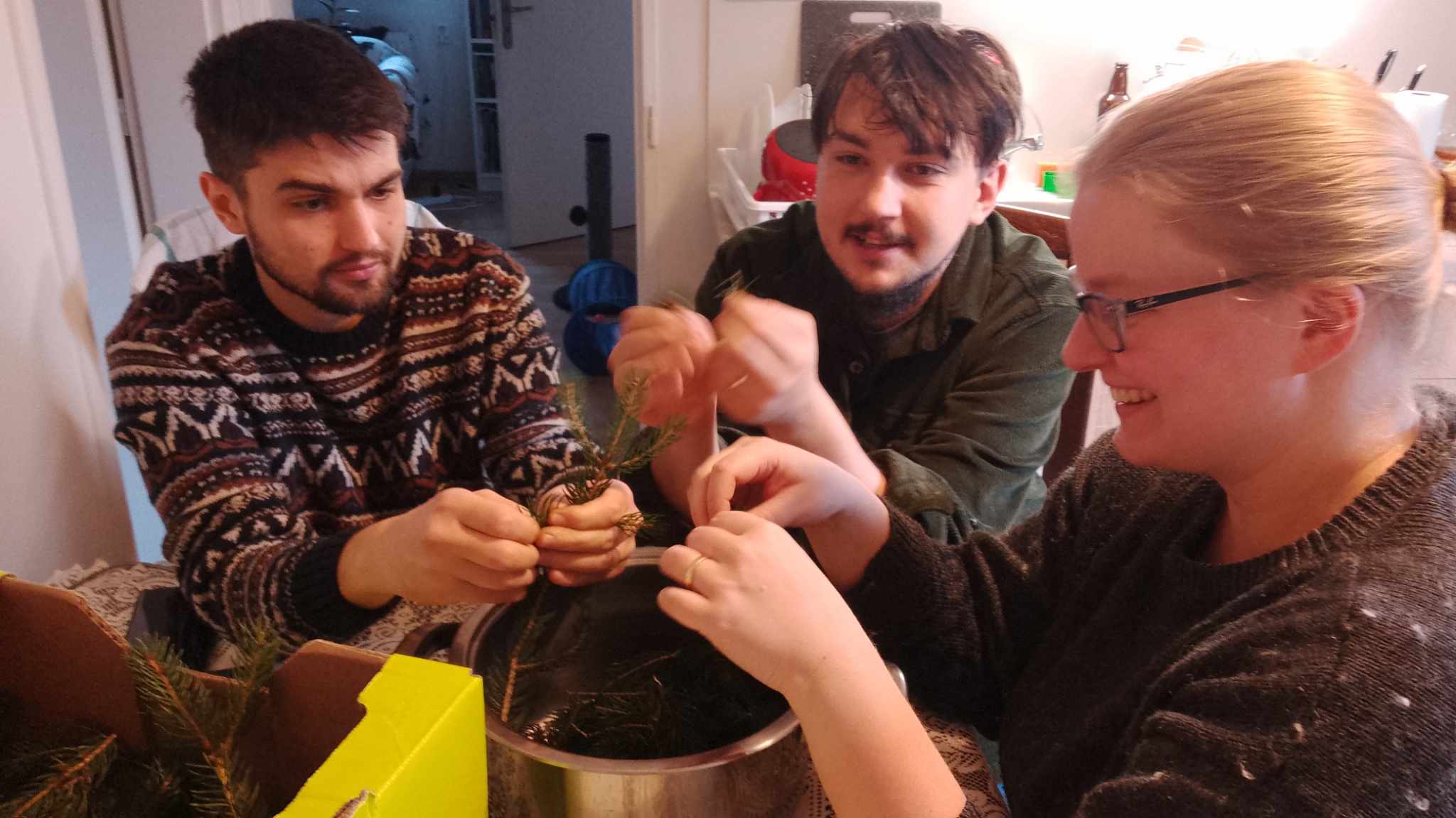 Picture of three people preparing rosehips and boiling the malt during a beer-brewing workshop in Czechia. (Photo credit: Lukáš Senft)