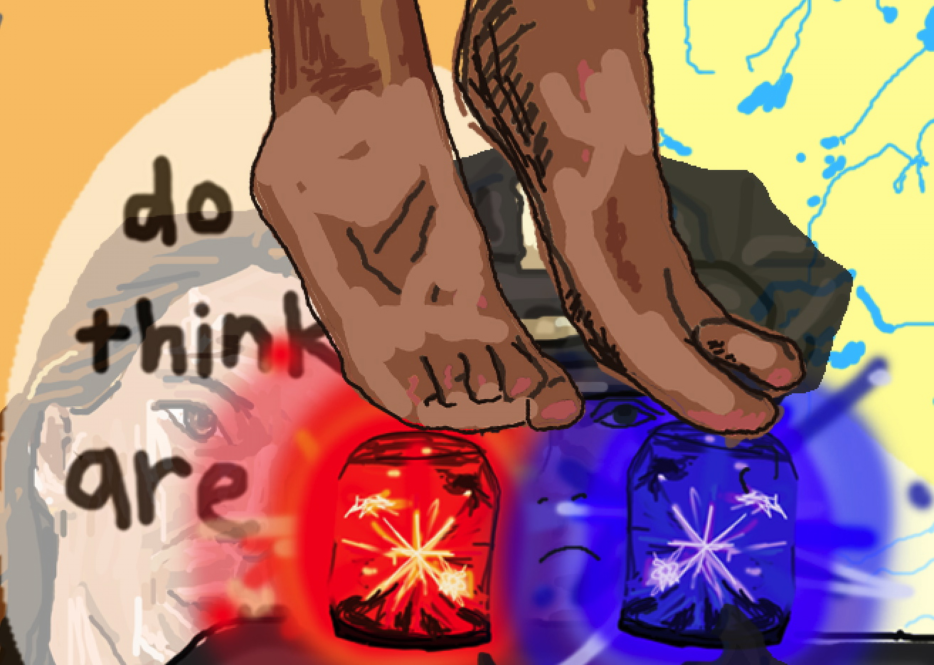 Colorful digitally drawn images layered on top of each other. In the background is a yellow map of Saskatchewan with the waterways in blue. On top of that is a drawing of an Indigenous woman’s face, and a cop in uniform, and on top of that are the words “do,” “think,” and “are,” and the blue and white lights of a cop car. On the top layer are two brown feet and ankles that enter the frame from the top.