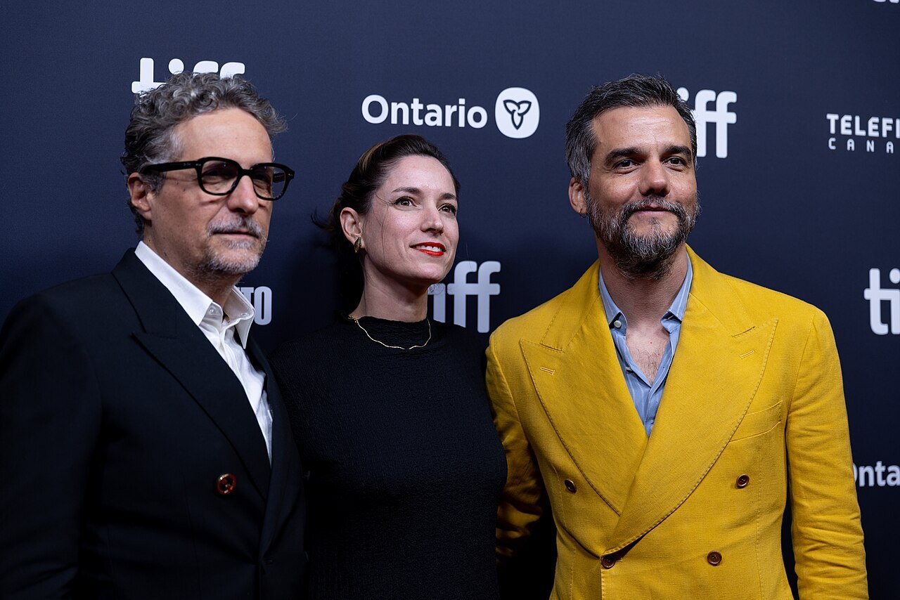 Photo of Kleber Medonça Filho, Emilie Lesclaux, and Wagner Moura, director, producer, and actor, respectively, at the 2025 Toronto International Film Festival (TIFF) in Toronto, Canada for the movie The Secret Agent.