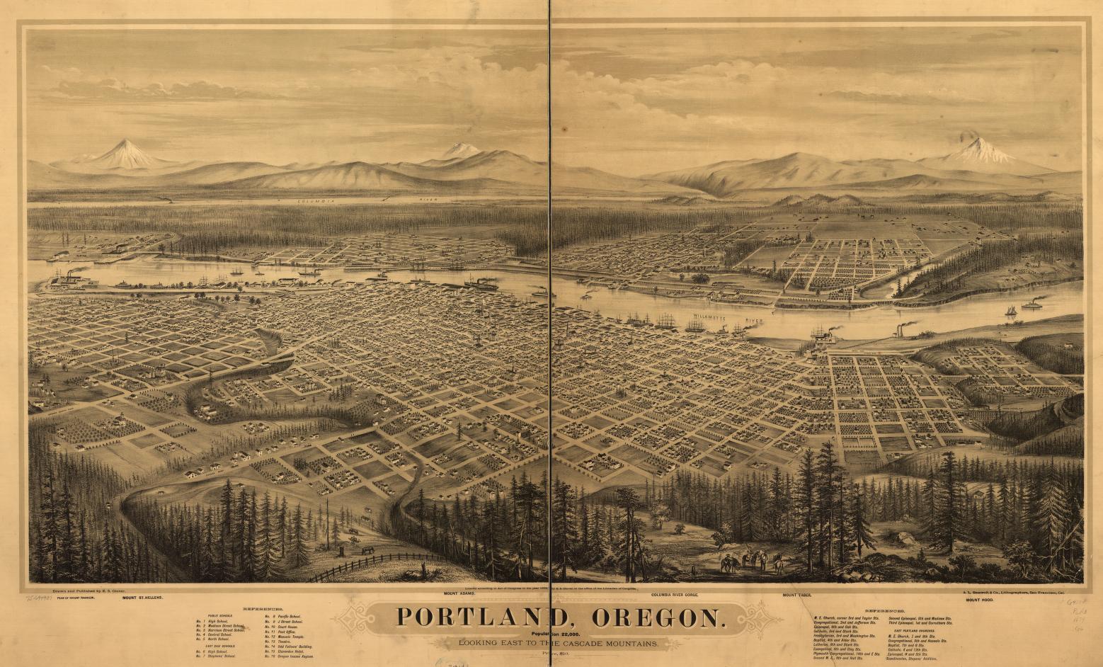 panoramic view of Portland from 1879 with Mount Hood in the background,