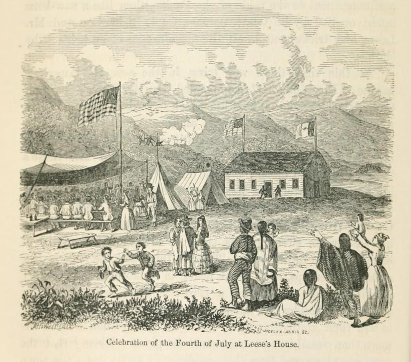 In this black and white illustration at left, multiple people are sitting at a long table underneath a canopy. The American flag can be seen flying above. To the right, two tents can be seen and a one-story building with American and Mexican flags flying above it. In the foreground, two children are depicted running, while a few groups of men and women can be seen congregating nearby. Two of the people are waving. Mountains appear in the background.
